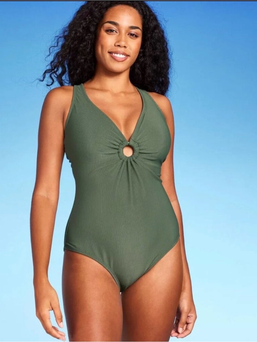 NWOT Shade and Shore Olive Green One-Piece Swimsuit with Tie Back - Medium